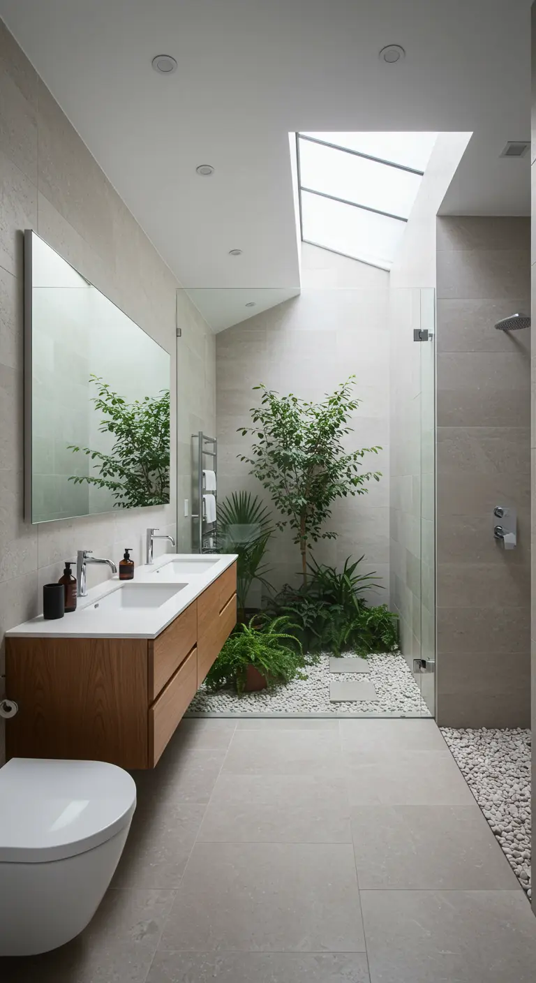 Badkamer met een interne, met planten gevulde patio onder een daklicht, gereflecteerd in de spiegel.