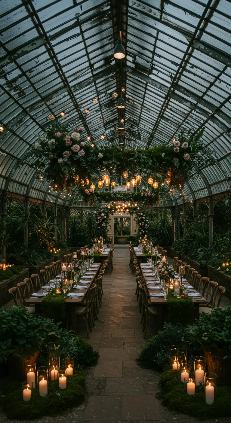 Intiem diner in een kas met lange houten tafels, mos, planten, kaarsen en hangende lichten.
