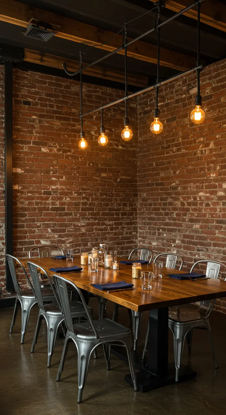 Eettafel met metalen stoelen en een hanglamp van buizen tegen een bakstenen muur.