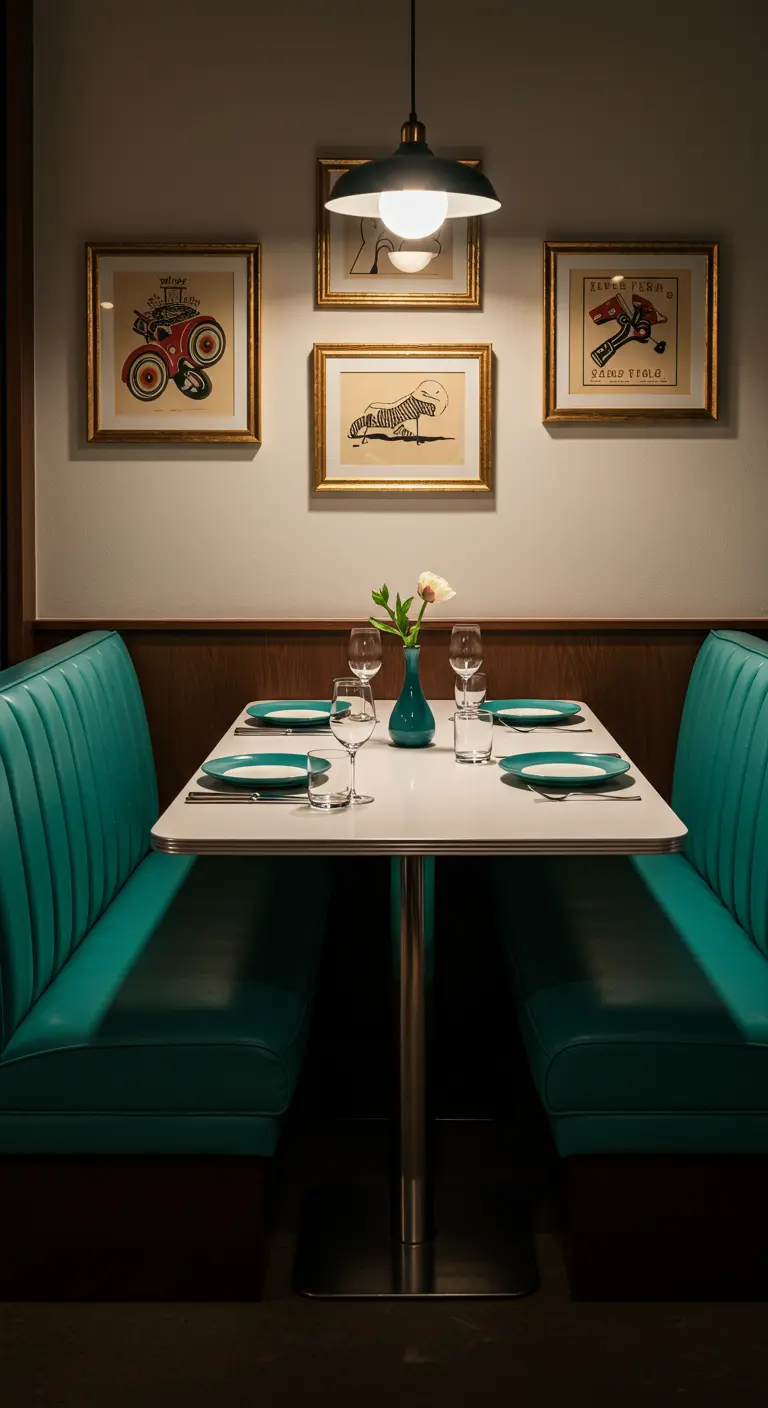 Stijlvolle, intieme diner-setting met turquoise banken en ingelijste kunst.