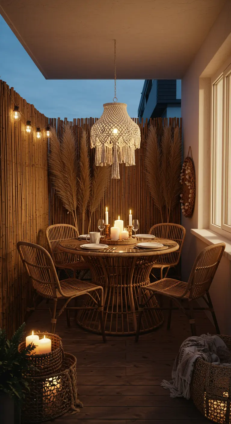 Sfeervolle eethoek op balkon met rotan meubels en een grote macramé lamp.