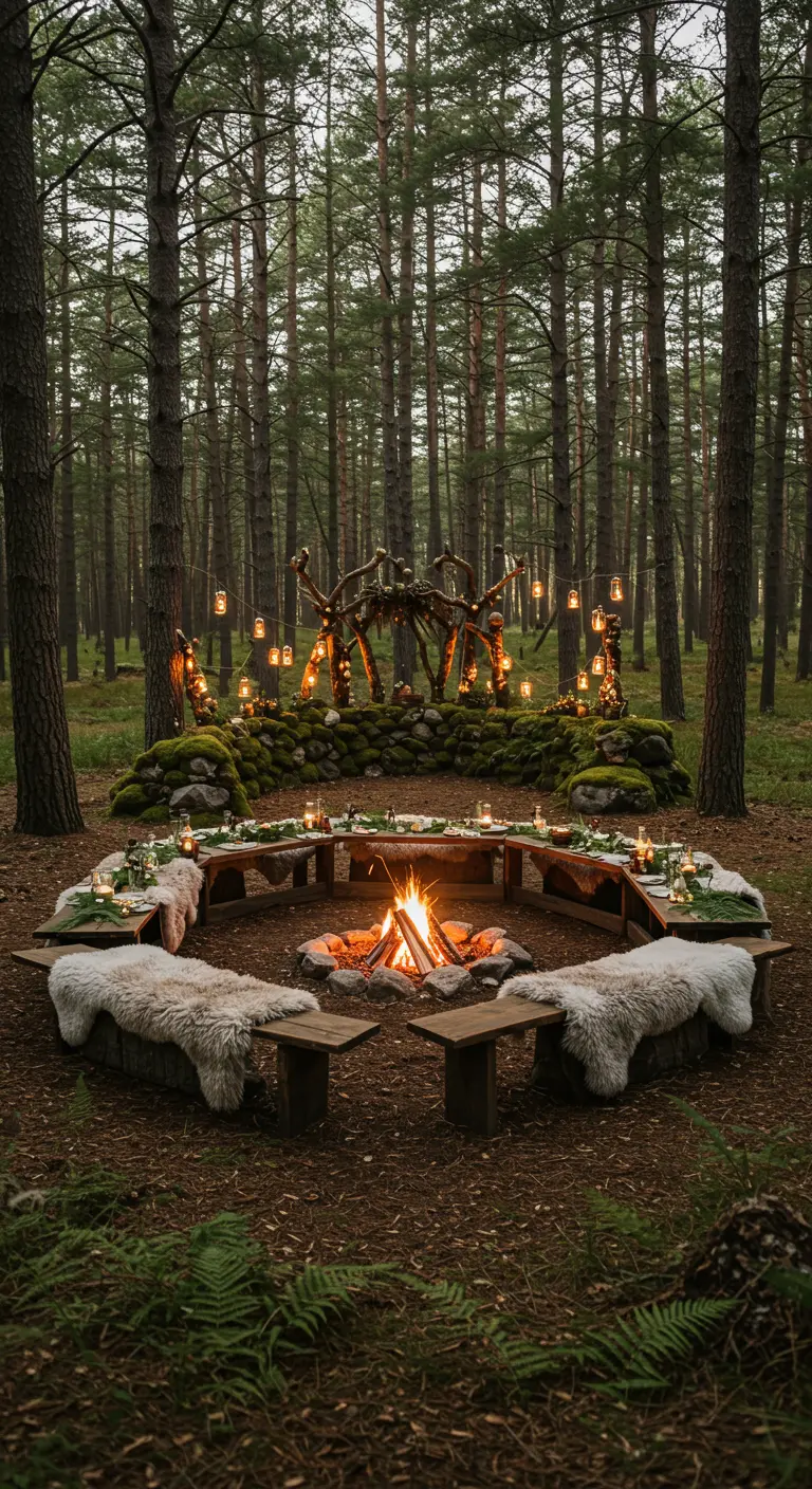Bruiloftsreceptie in het bos rond een kampvuur, met houten bankjes en schapenvachten.