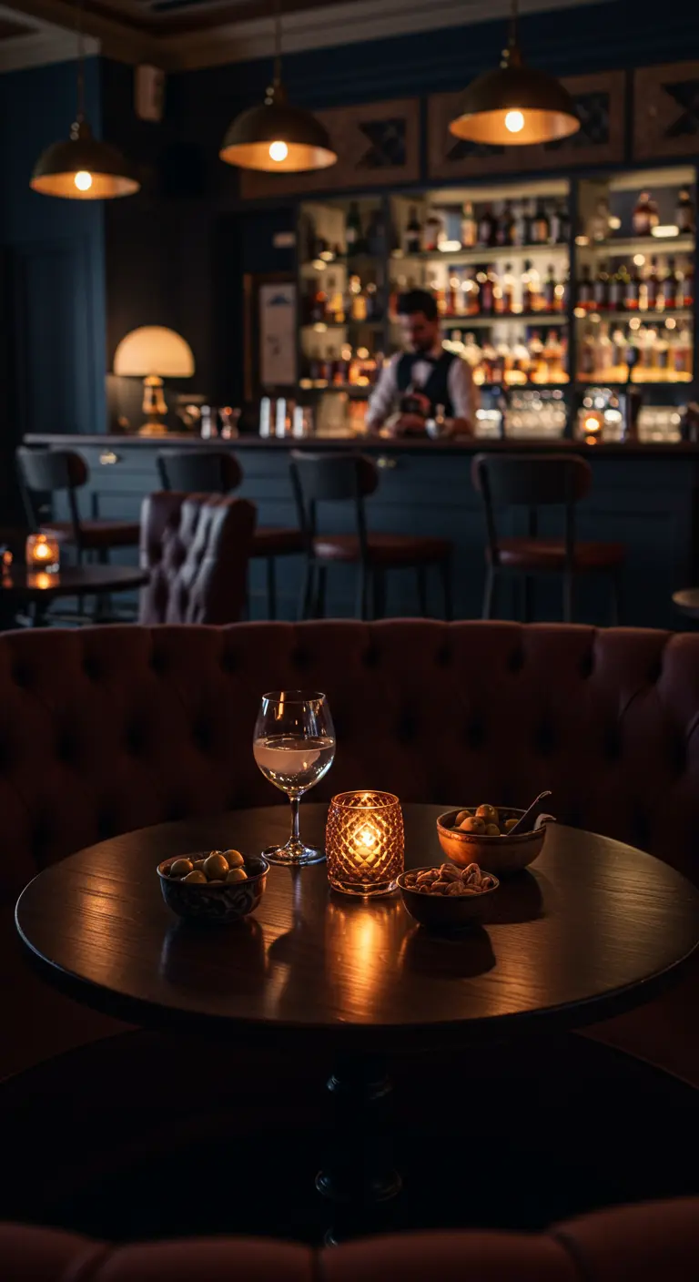 Donkere, intieme bar met een kleine ronde tafel, kaarslicht en drankjes.