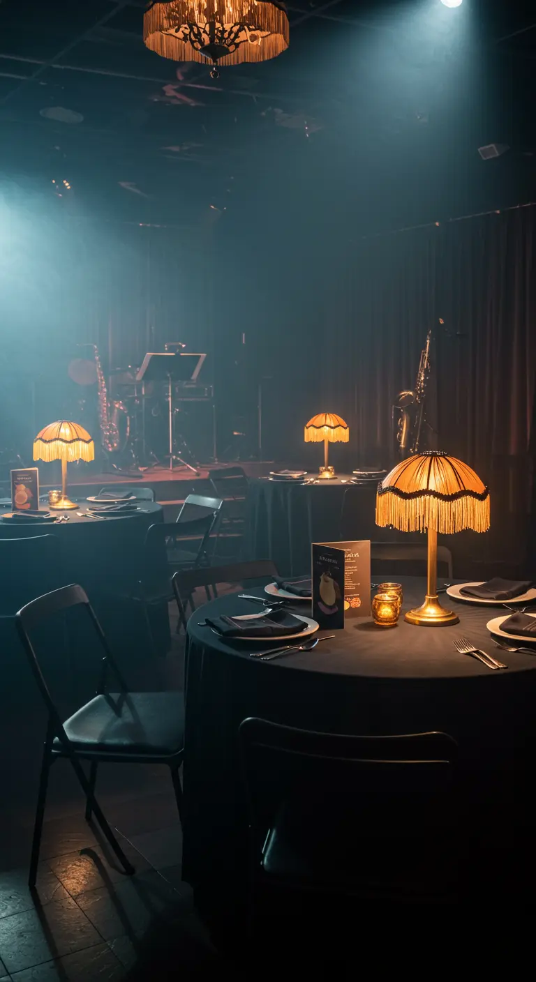Donkere jazzclub-setting met kleine, sfeervolle lampjes op de tafels.
