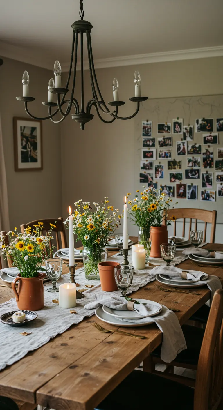 Landelijke eettafel met wilde bloemen, terracotta potten, kaarsen en een linnen tafelloper.