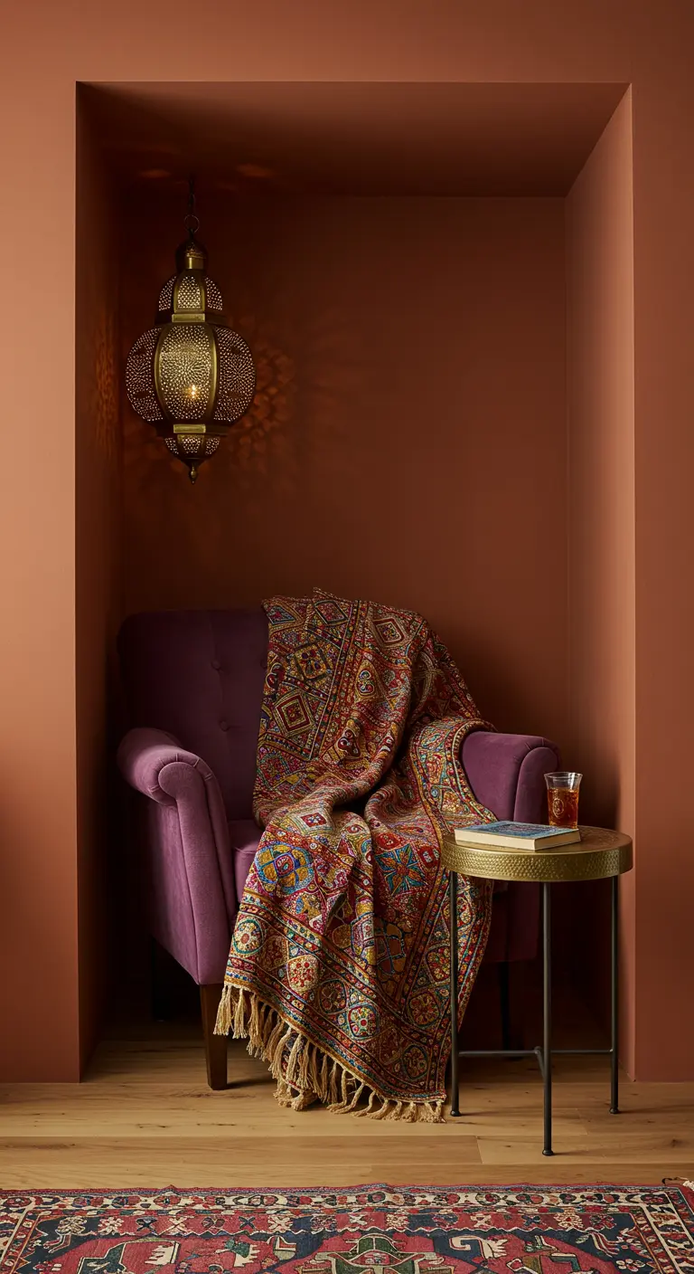Terracottakleurige leesnis met paarse fauteuil, Marokkaanse lantaarn en plaid.