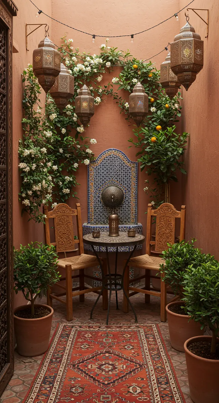 Gezellige Marokkaanse theelhoek met mozaïekfontein, koperen lantaarns, een vloerkleed en citrusplanten.