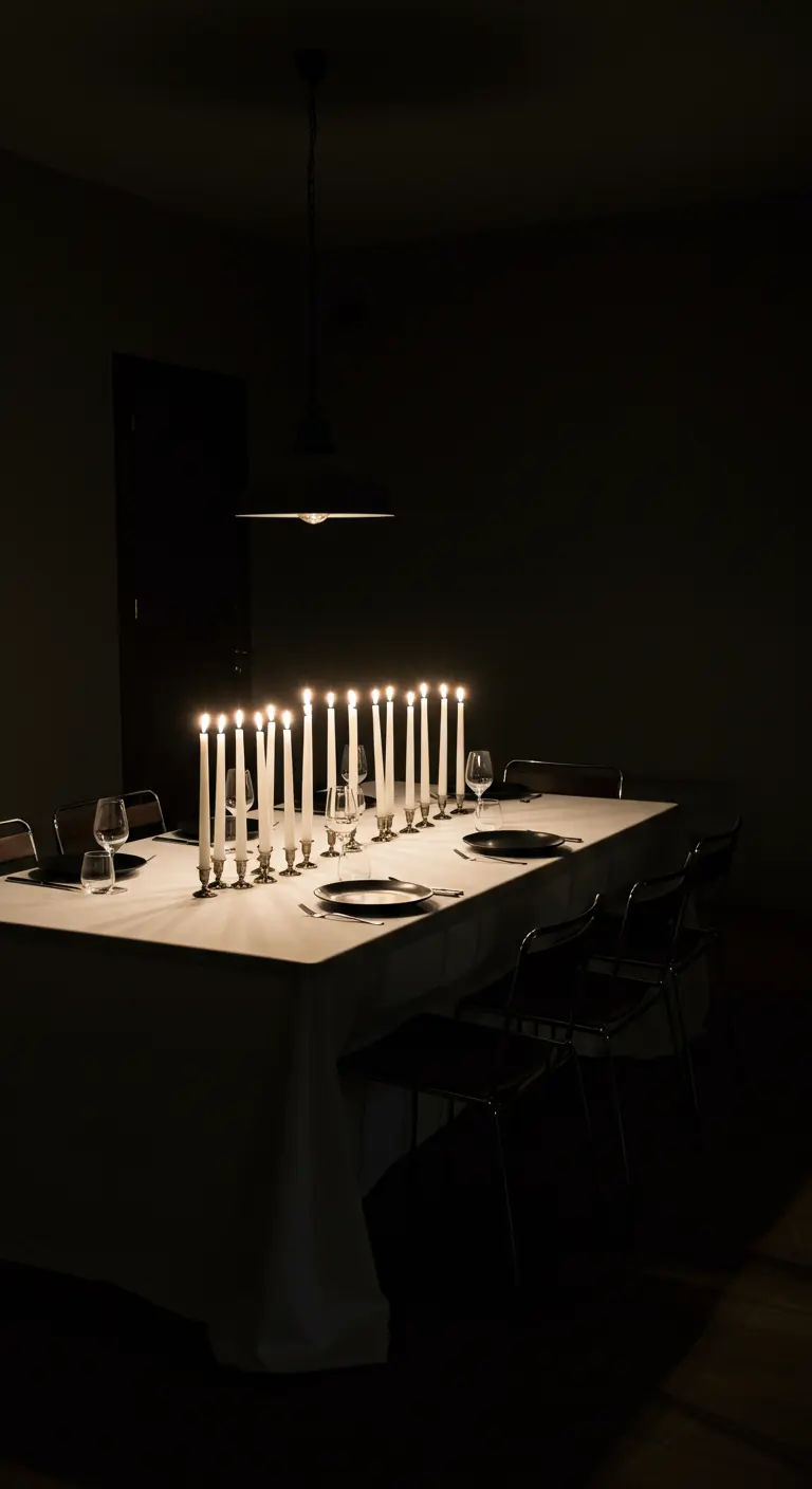 Donkere kamer waar een lange eettafel alleen verlicht wordt door een rij brandende kaarsen.