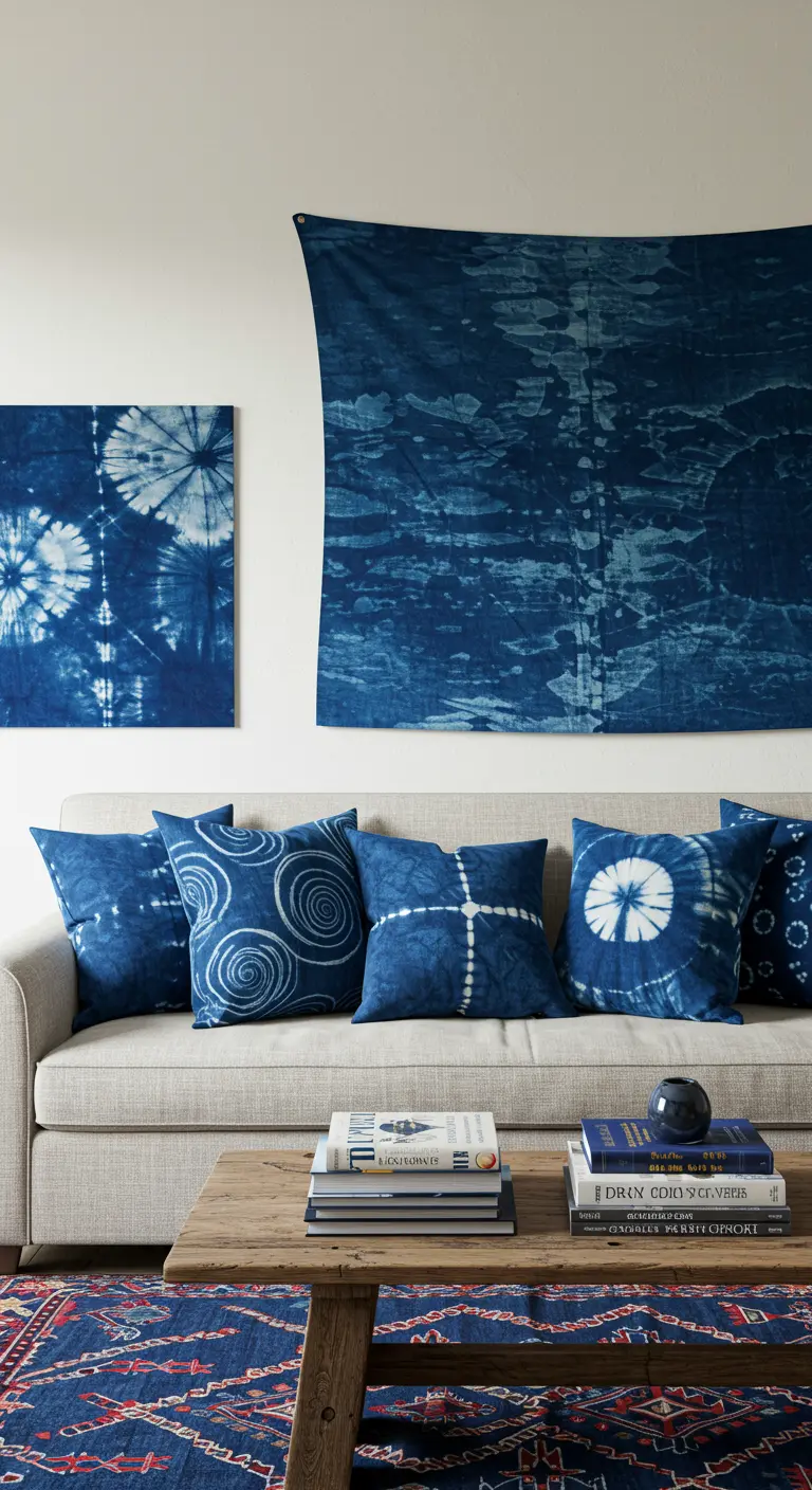 Neutrale bank met diverse kussens met blauwe shibori tie-dye patronen.