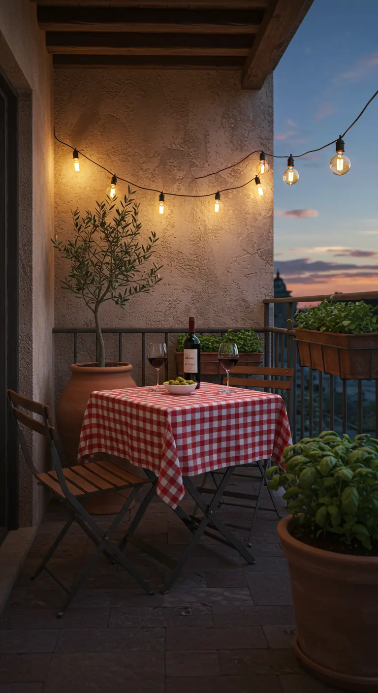 Gezellig balkon bij schemering met lichtsnoer, geblokt tafelkleed en terracotta potten.