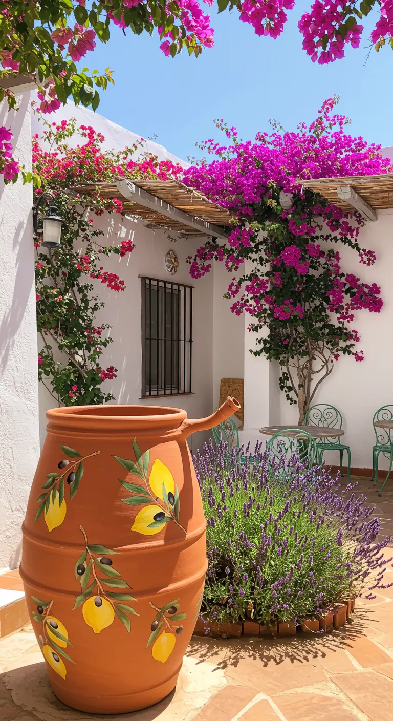 Grote terracotta regenton met handgeschilderde citroenen en olijftakken, omringd door bloeiende bougainvillea.