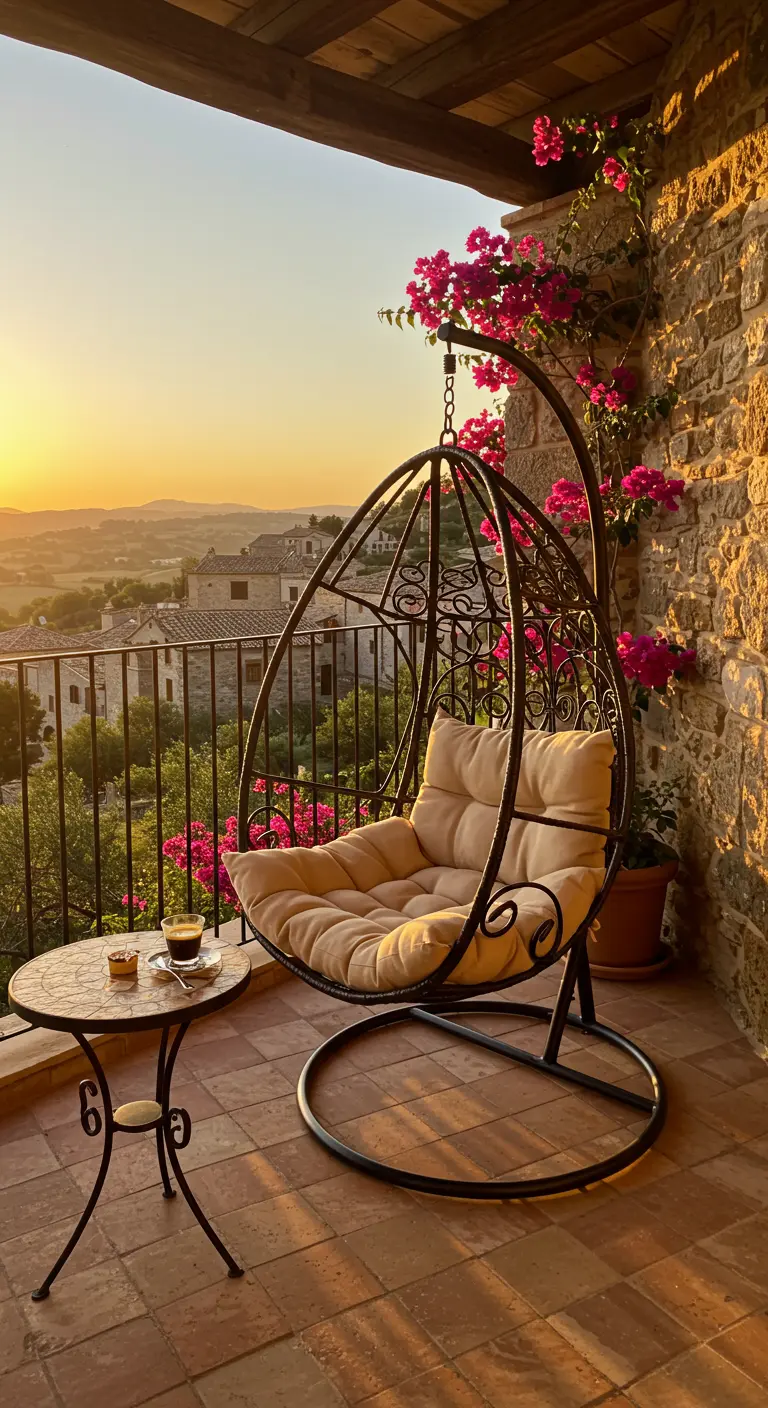 Zwarte metalen hangstoel op terracotta balkon met bougainvillea en uitzicht op Italiaanse heuvels bij zonsondergang.