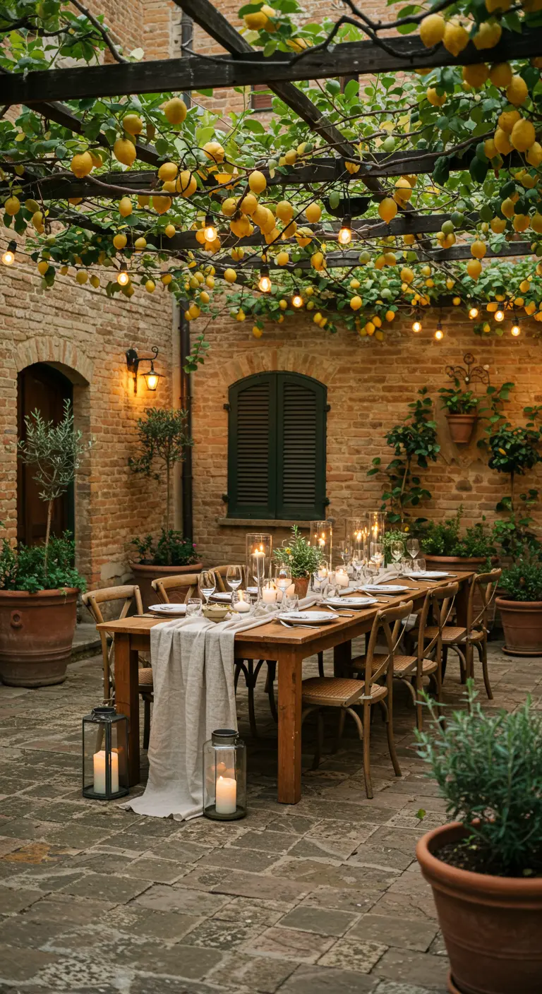 Lange houten eettafel op een Italiaanse binnenplaats onder een pergola met citroenen en lampjes.