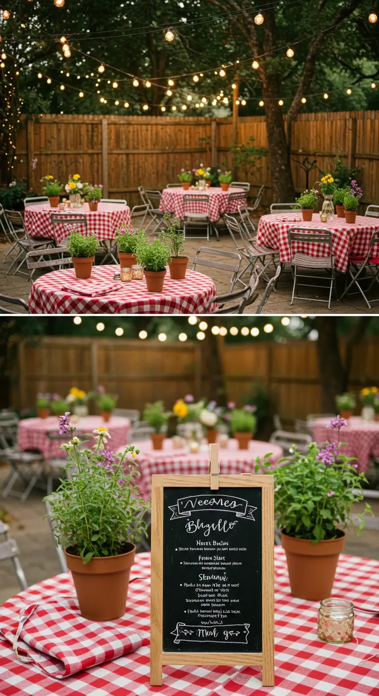 Backyard picnic wedding with red checkered tablecloths, potted herbs, and chalkboard menus.