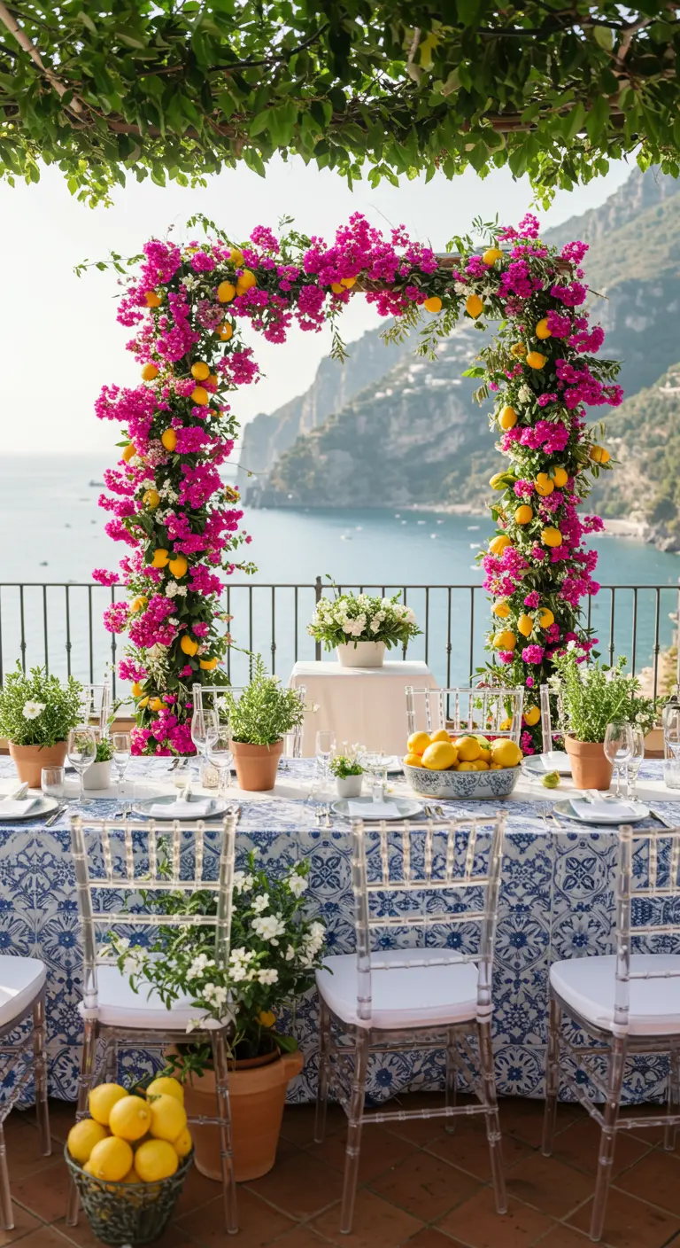 Trouwtafel met uitzicht op zee, versierd met citroenen, bougainvillea en een blauw-wit tafelkleed.
