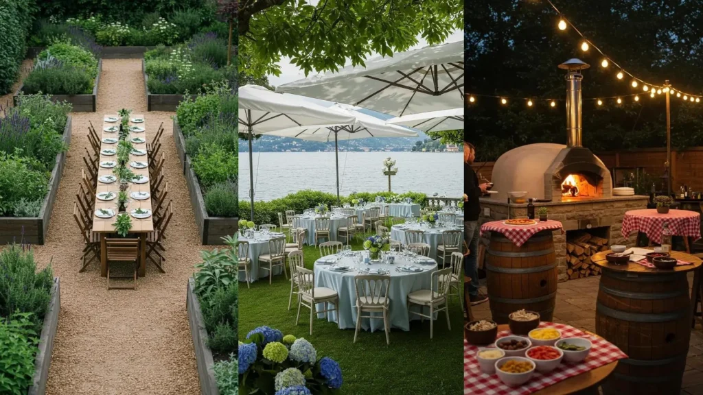 Mediterrane tuindecoratie met een pizza-oven en gezellige buiten eetplekken voor Italiaanse sfeer.