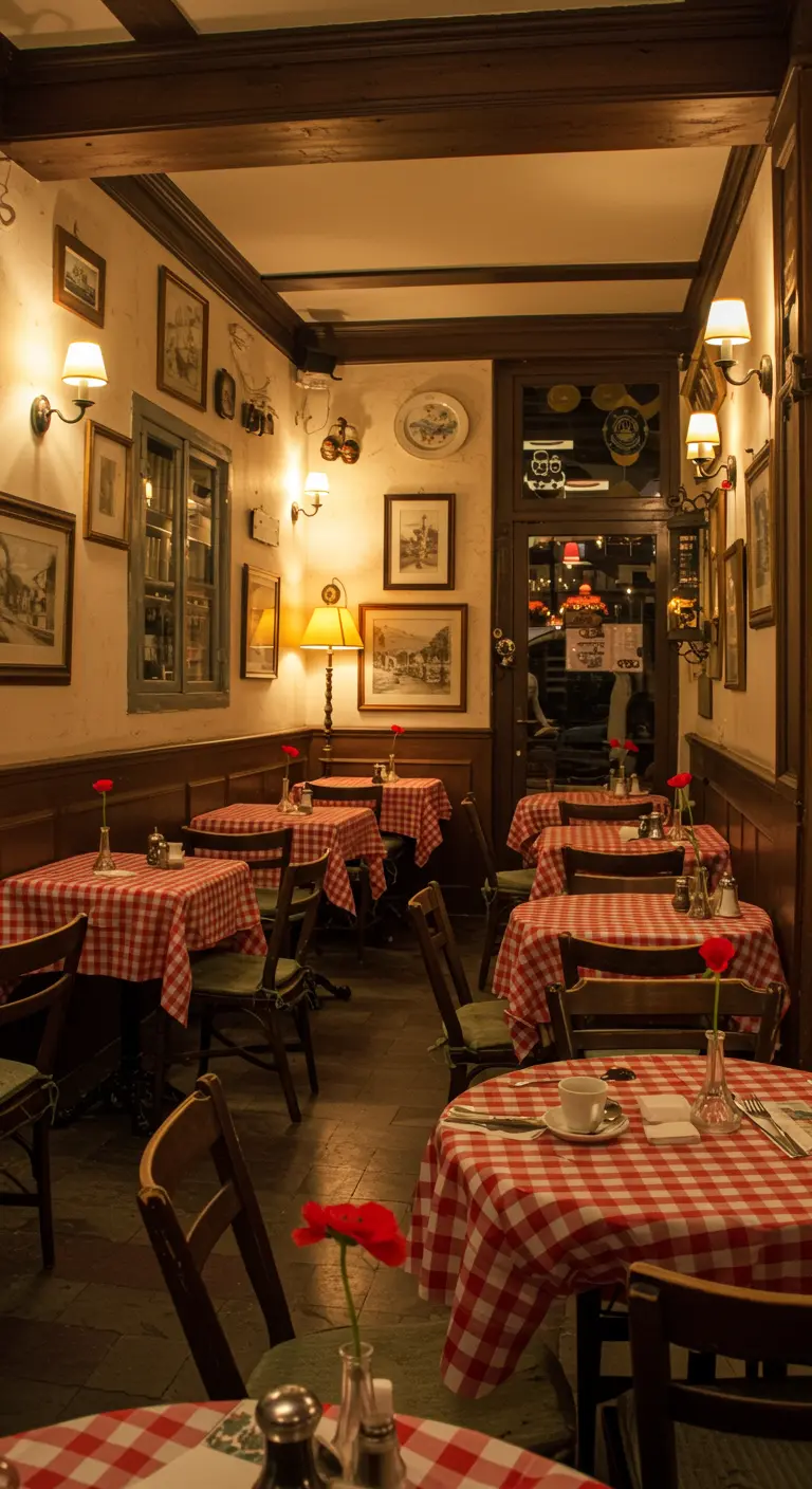 Italiaanse trattoria met rood-wit geblokte tafels en kaarslicht.