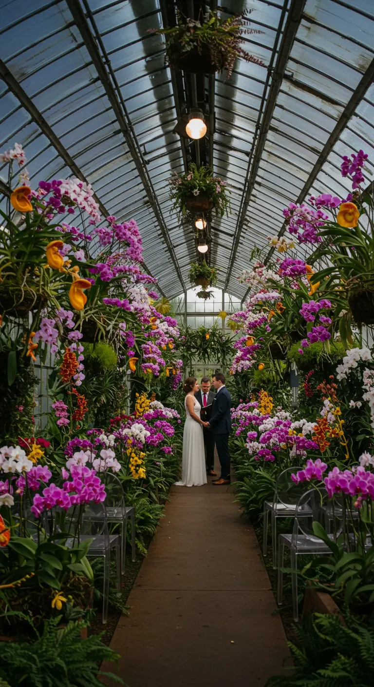 Bruidspaar zegt ja-woord in een smal gangpad in een kas, omringd door duizenden kleurrijke orchideeën.