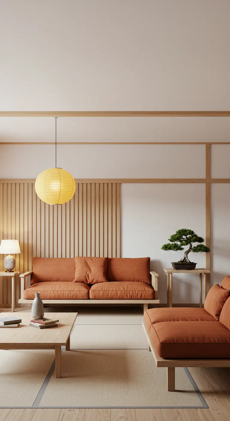 Japandi-stijl woonkamer met een terracotta bank, houten lattenwand en een okergele lampion.