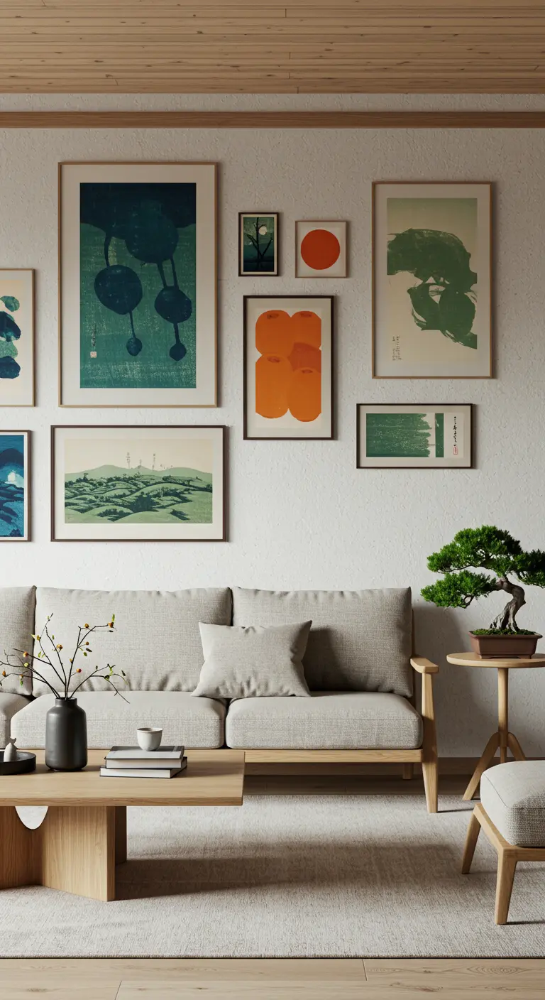 Galerijmuur in Japandi-stijl met Japanse kunst en een bonsaiboompje.