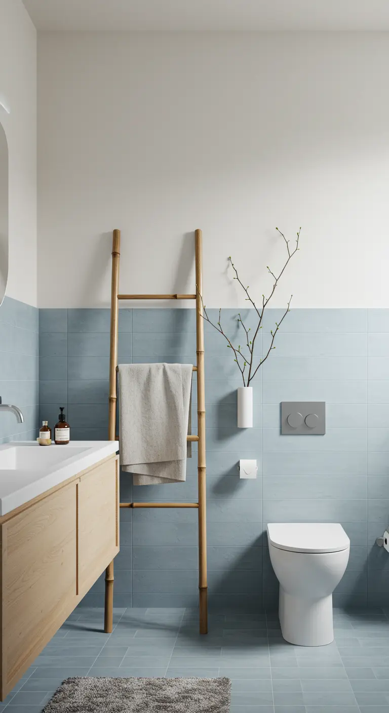 Badkamer met halfhoge lichtblauwe tegelwand, bamboe ladder en houten wastafelmeubel.