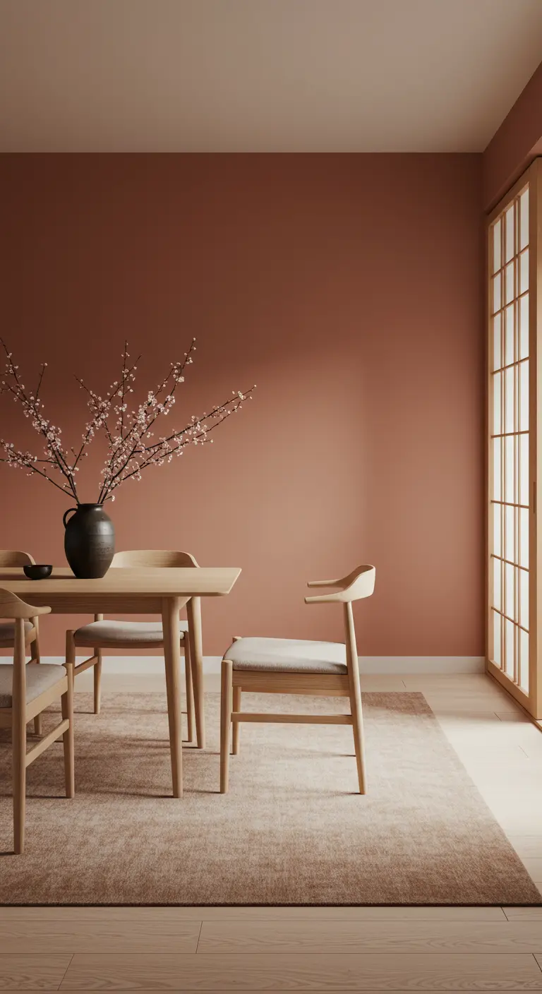 Minimalistische eetkamer in Japandi-stijl met vergrijsde terracotta muren en lichte houten meubels.