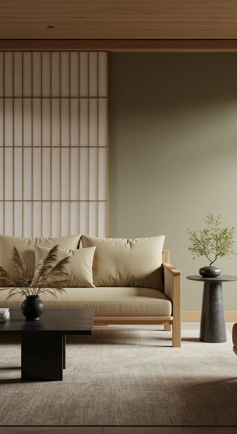 Japandi-woonkamer met een beige bank en een decoratief houten lattenpaneel.