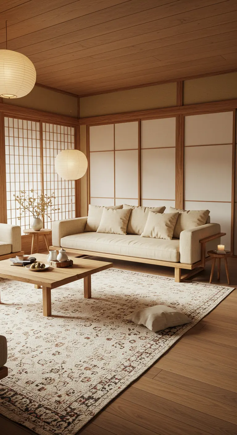 Japandi woonkamer met beige vintage tapijt, lichte houten bank en shoji-schermen.