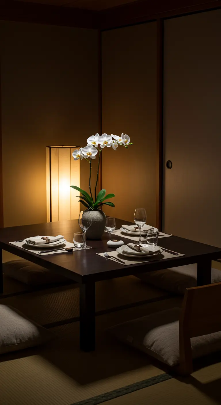 Donkere, lage Japanse eettafel met een orchidee en zachte verlichting.