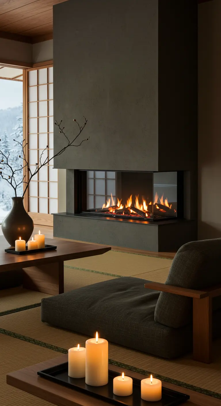 Japandi woonkamer met shoji-scherm, lage meubels, haard en minimalistische kaarsen.