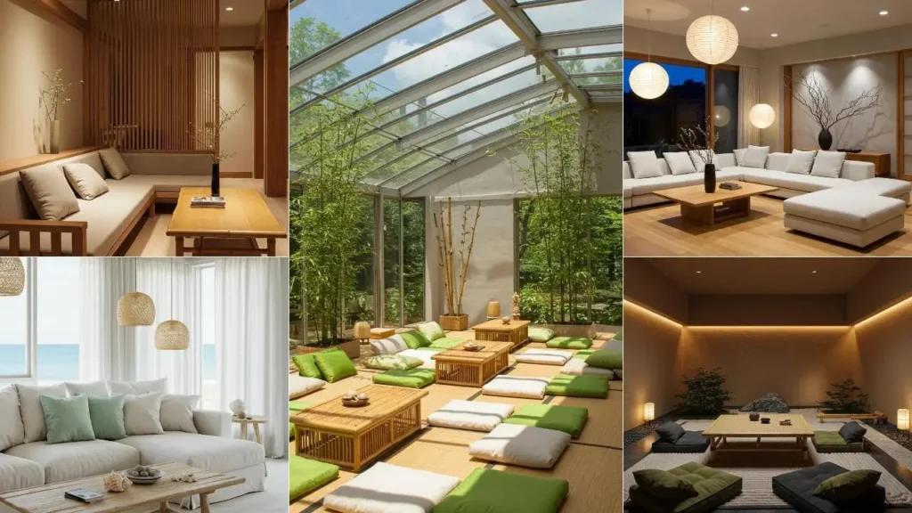 Japandi interieur: serene woonruimte met bamboe en lage meubels.