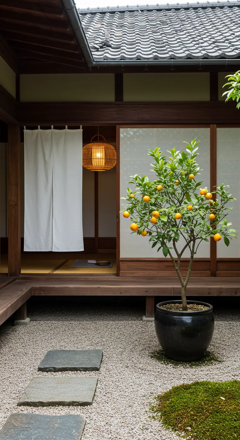 Japanse tuin met grind, stapstenen en een enkele citrusboom in een zwarte pot.
