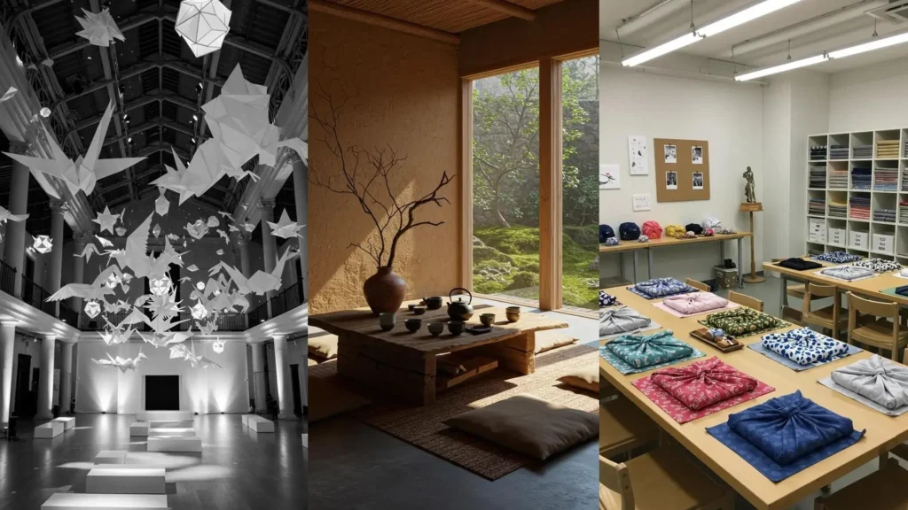Japanse esthetiek en minimalisme: feestelijke origami decoratie, rustige theekamer met tuin en geordende stoffen.