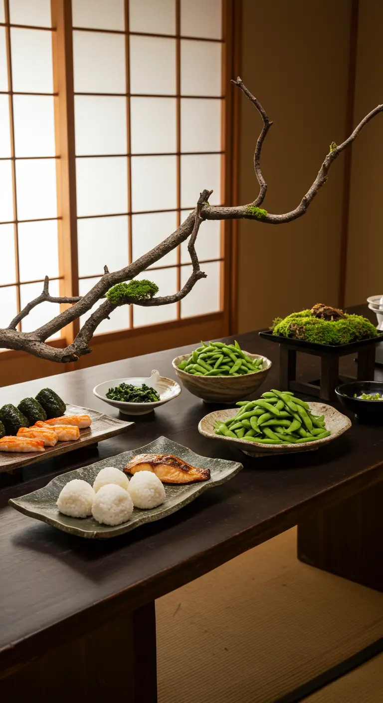 Japans buffet met sushi, edamame en een grote tak als decoratie.