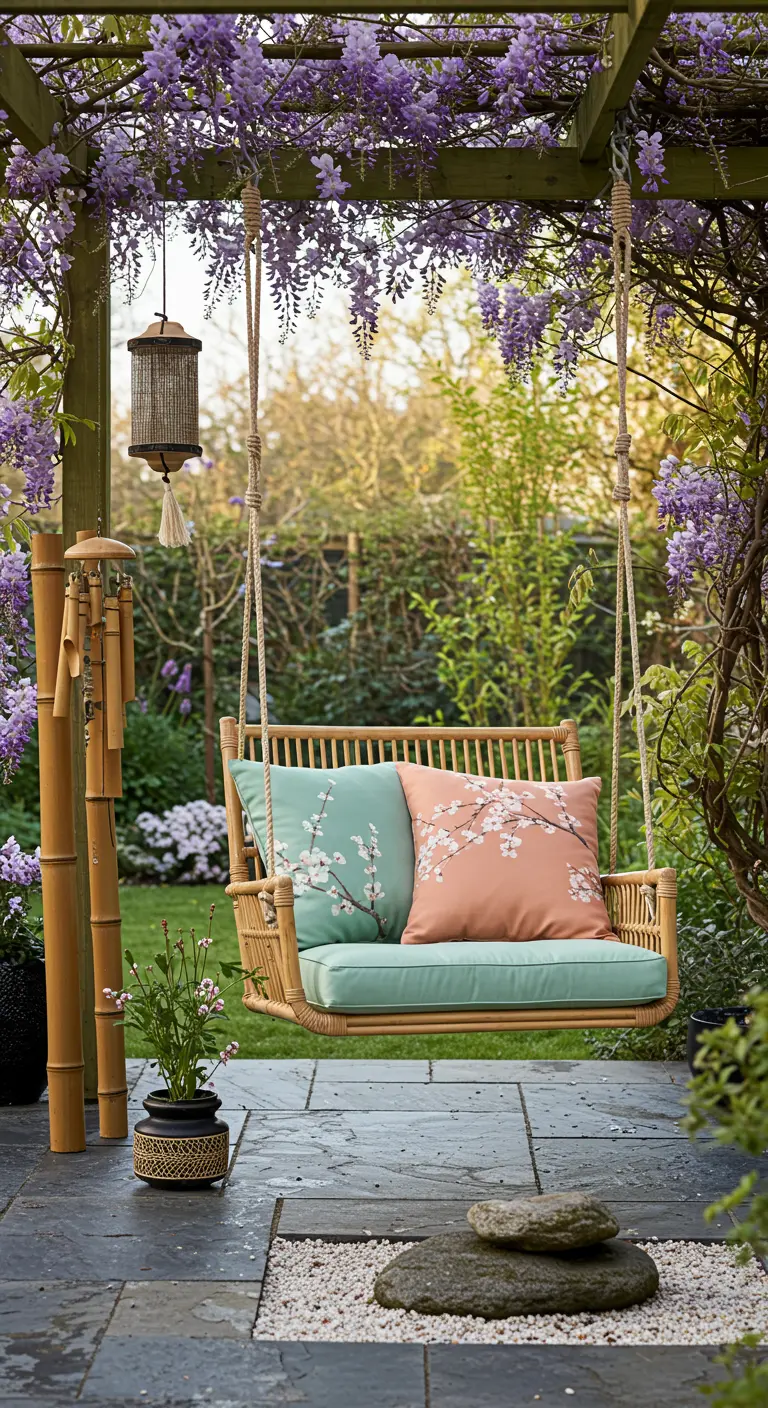 Bamboe schommelbank met zachtroze en mintgroene kussens onder een pergola met paarse blauweregen.