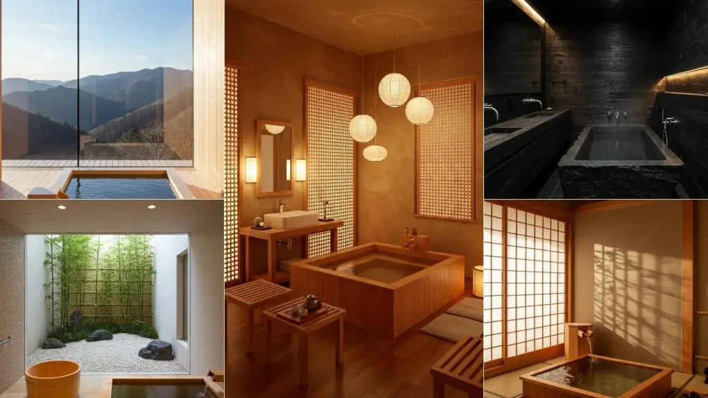 Diverse Japanse onsen badkamers met houten baden, water en een rustgevende sfeer.