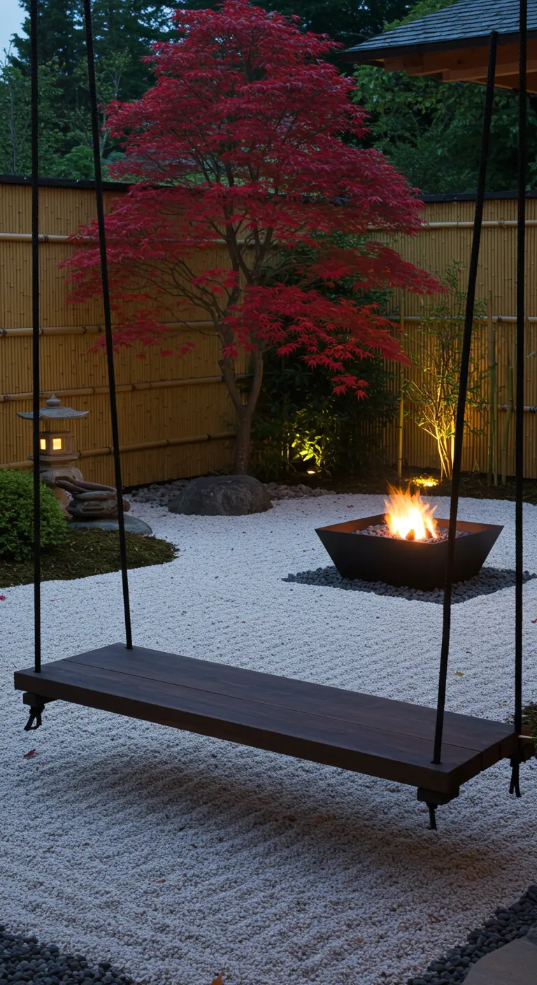 Minimalistische houten schommel in een Japanse zentuin met een vuurschaal en rode esdoorn.
