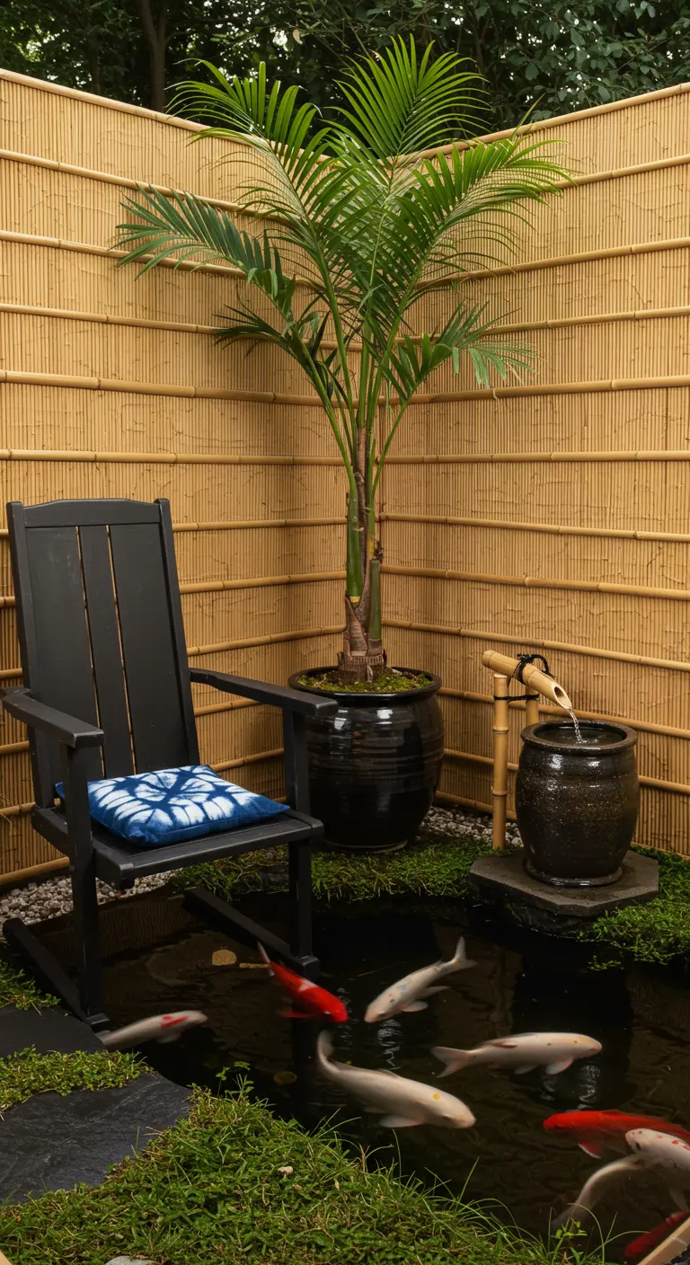 Zwarte stoel in een Japanse tuin met bamboeschutting, palmboom en een vijver met koi-karpers.
