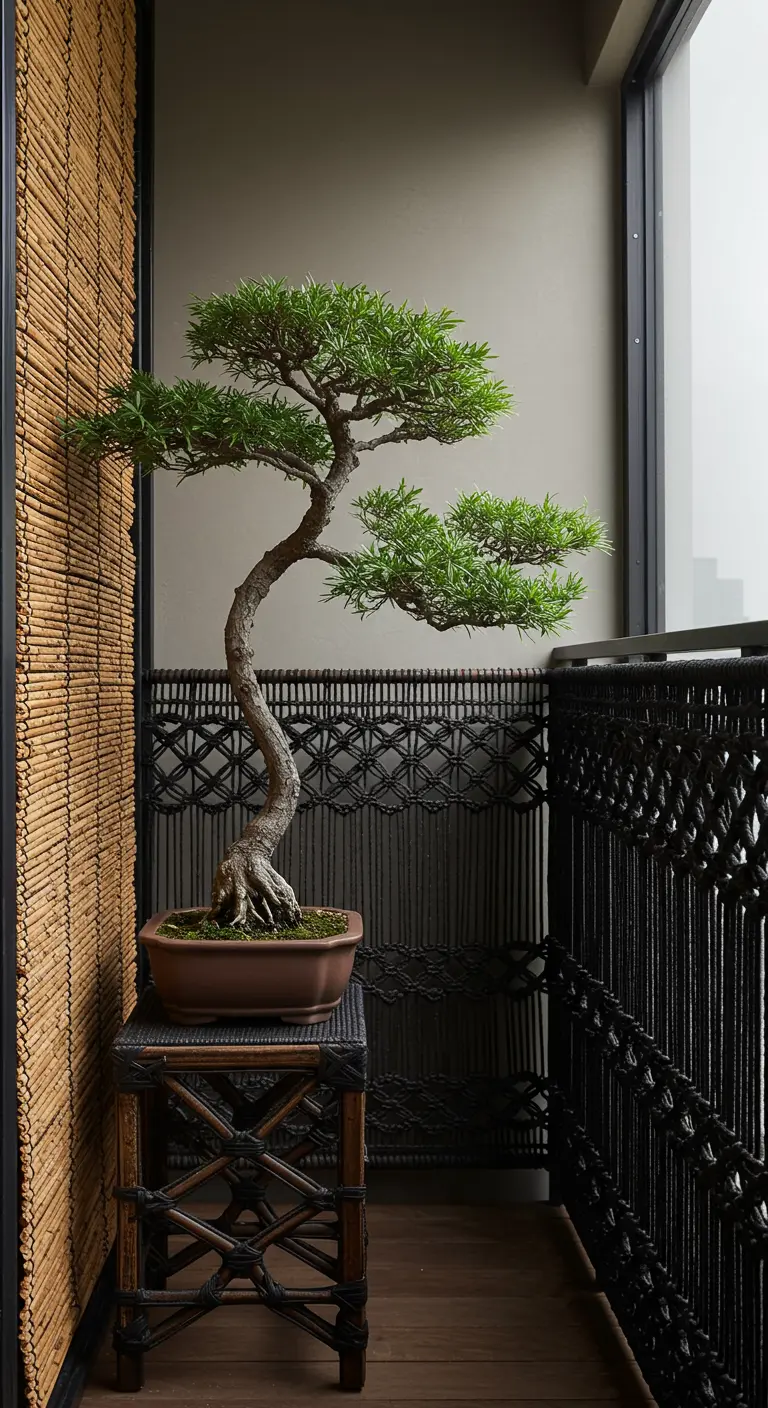 Balkon in Japanse stijl met een bonsai, zwart macramé hekwerk en bamboe details.