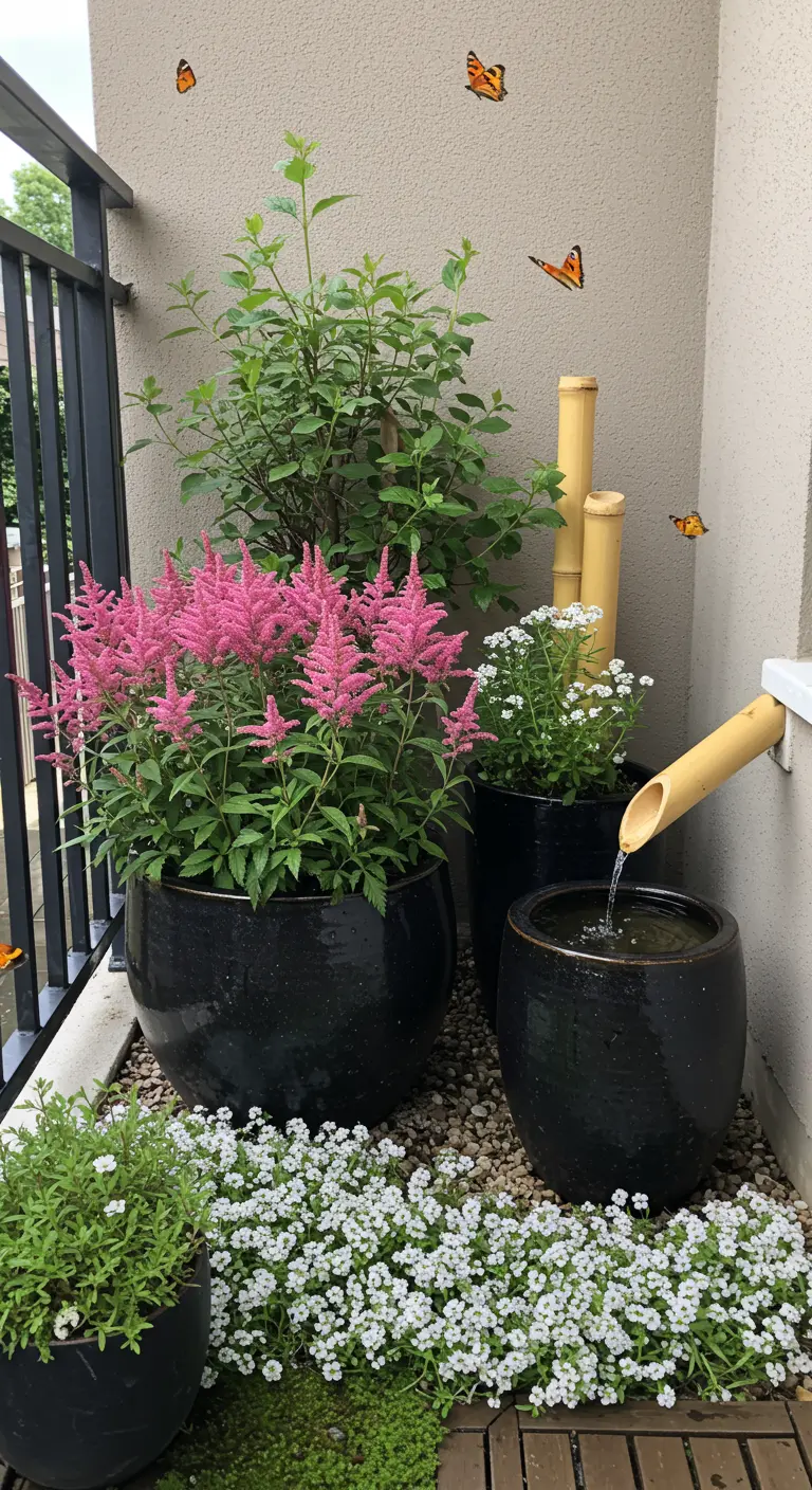 Rustgevende balkonhoek met roze Astilbe, een bamboe fonteintje en witte bodembedekkers.