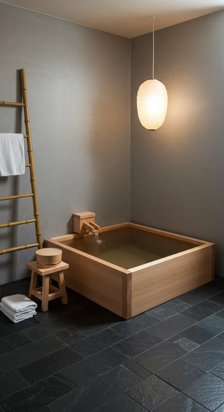 Japanse stijl badkamer met een donkere leistenen vloer en een vierkant houten bad.