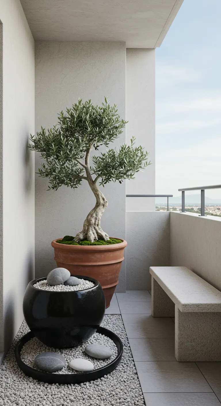 Zen-balkon met olijfboom, stenen bank, kiezels en een zwarte schaal.