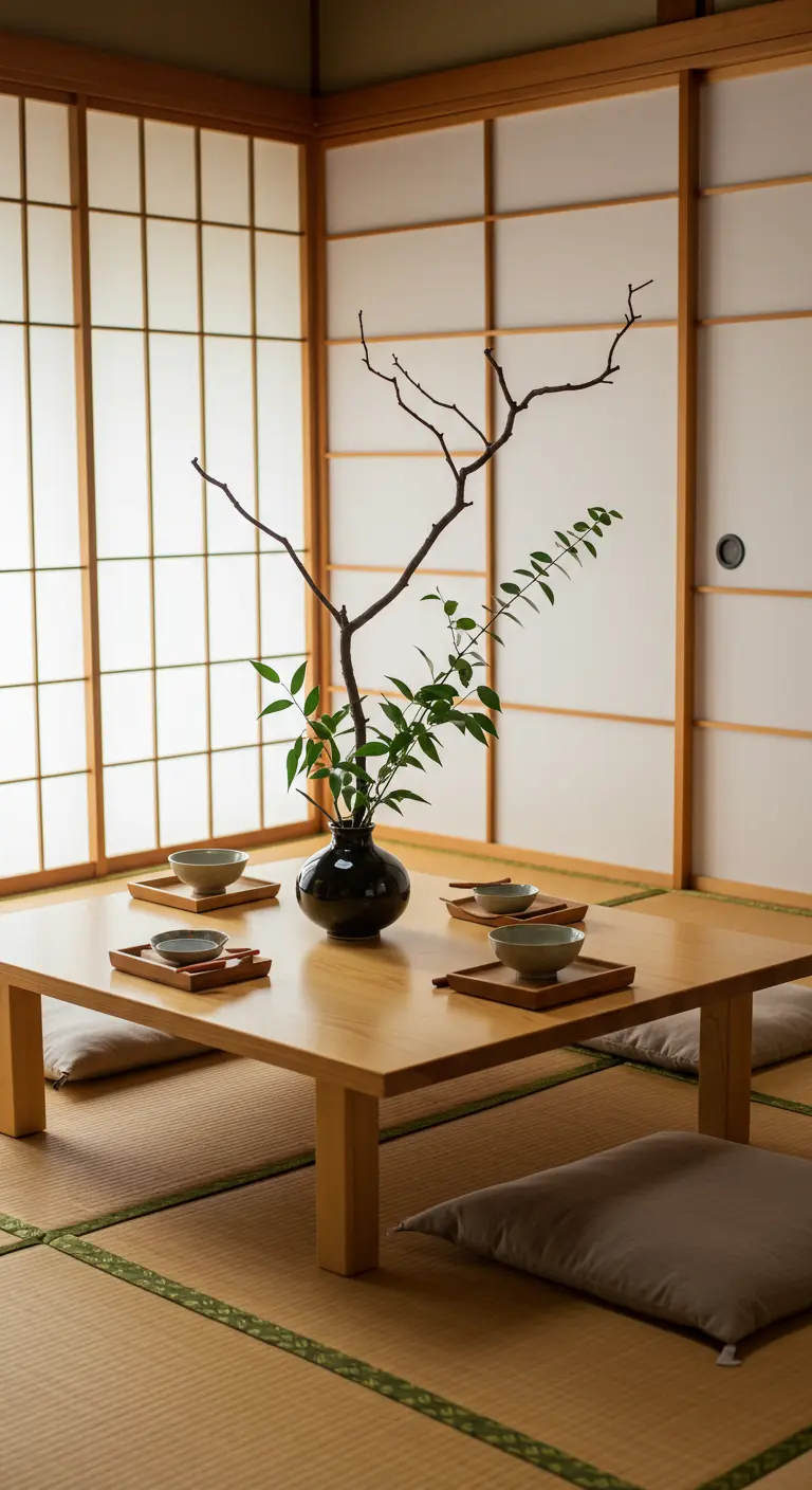 Minimalistische Japanse setting met lage houten tafel, kussens en een enkele tak in een vaas.