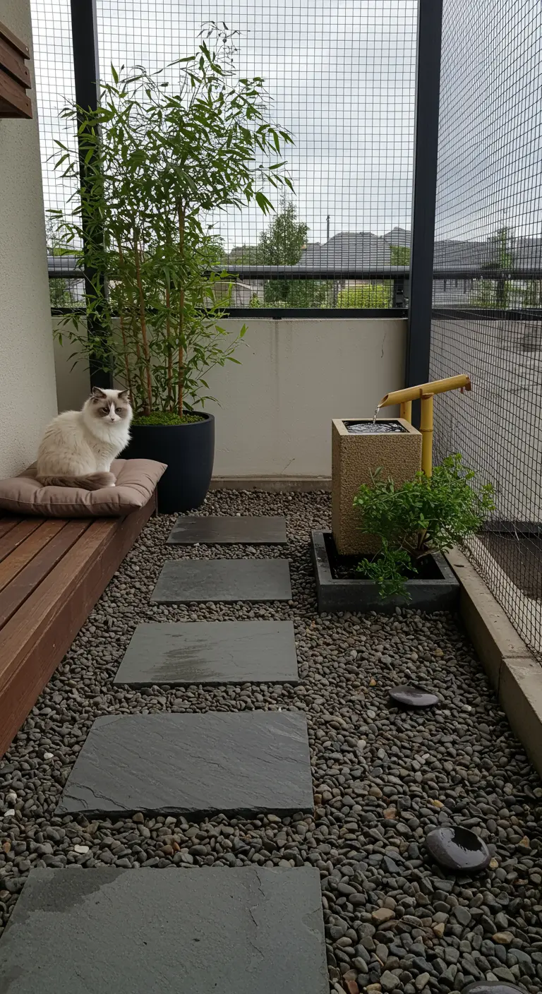 Kat op een kussen op een balkon in Japanse stijl met stapstenen en bamboe.