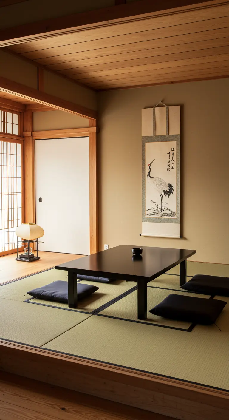 Japanse eetkamer met lage tafel, zitkussens en een traditionele hangrol aan de muur.