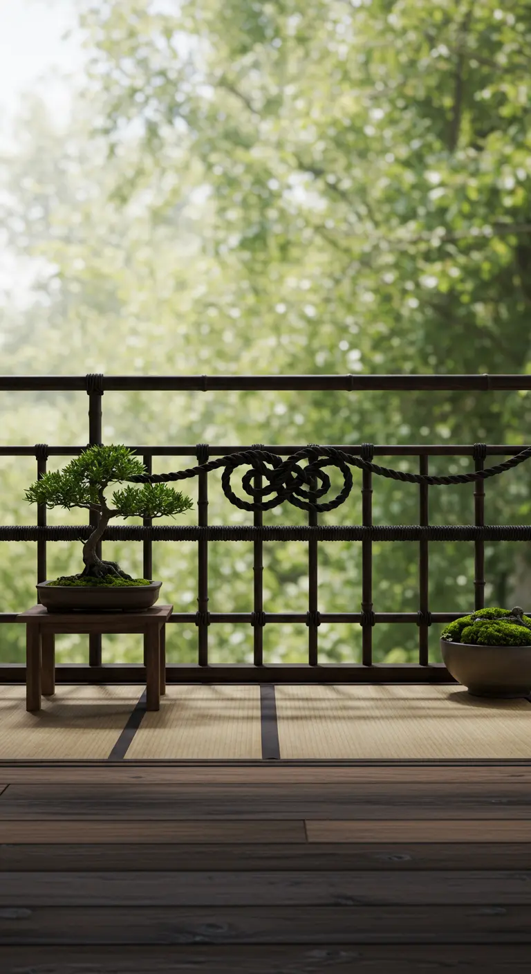 Donker metalen balkonhek met een decoratieve touwknoop in Japanse stijl.