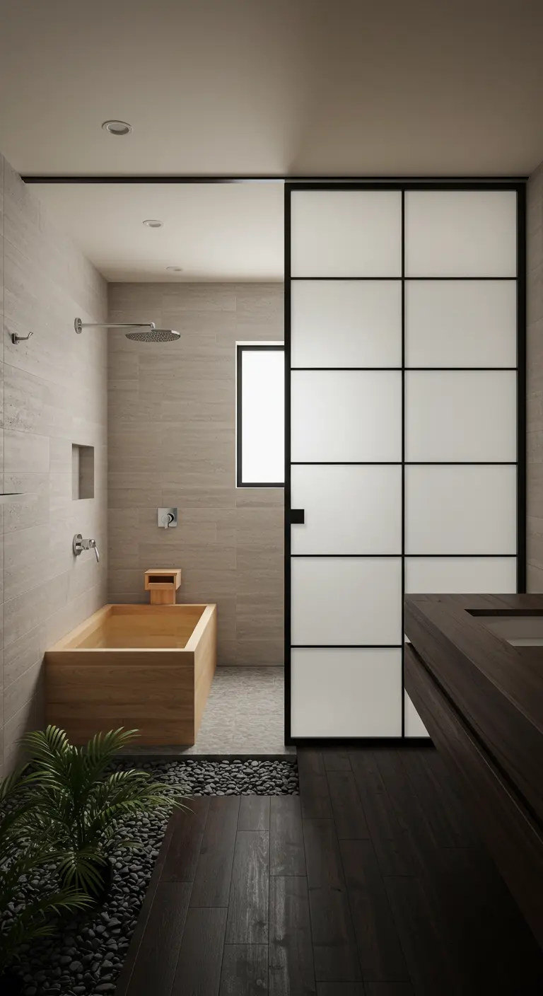 Japans geïnspireerde badkamer met houten bad en stalen schuifdeur.
