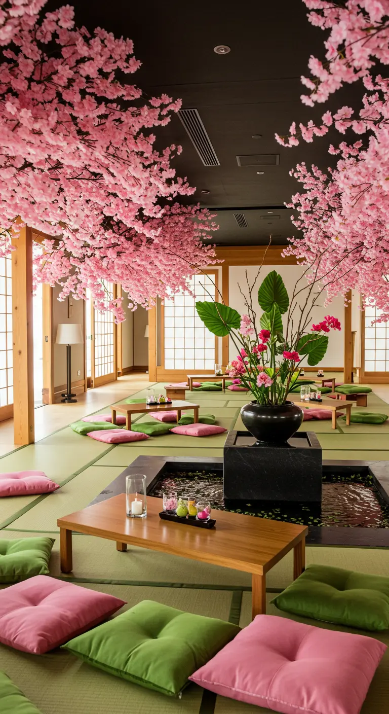Rustgevende ruimte in Japanse stijl met kersenbloesem aan het plafond en lage zitkussens.