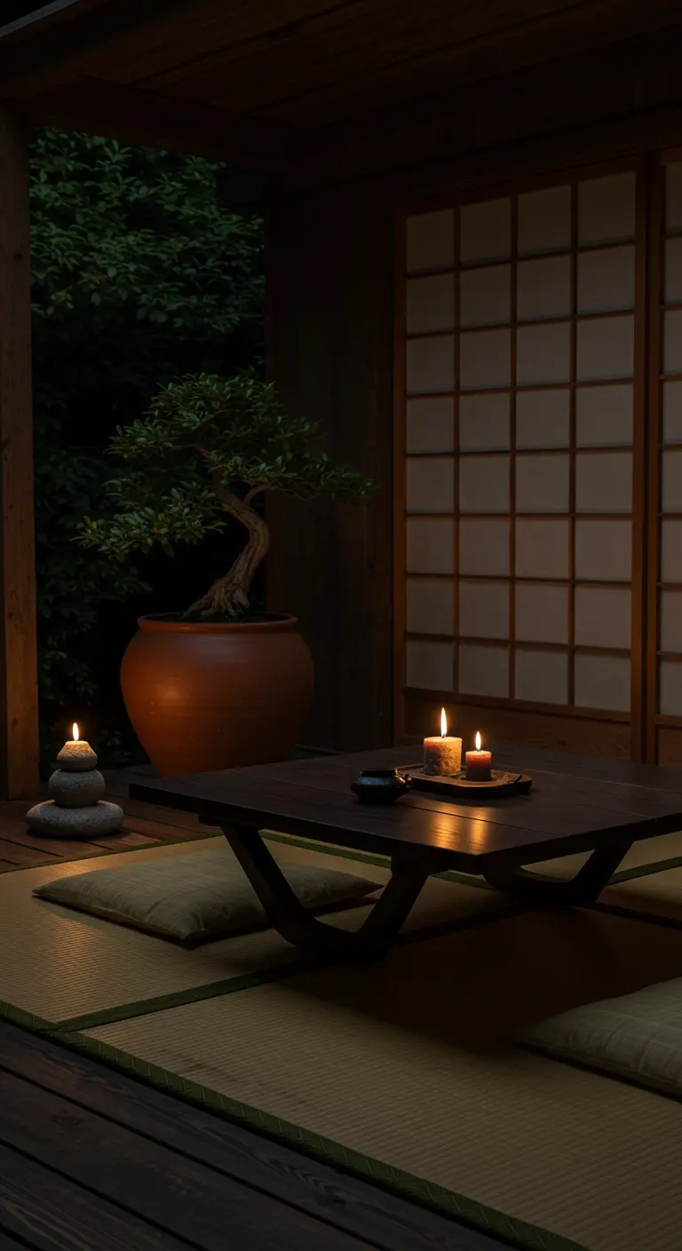Japanse zithoek met een lage tafel, tatami matten, kaarslicht en een bonsaiboom.