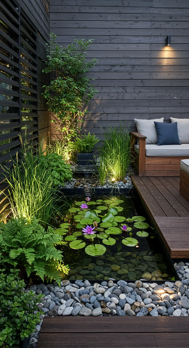 Moderne Japanse tuin met een rechthoekige vijver met waterlelies, kiezelstenen en houten vlonder.